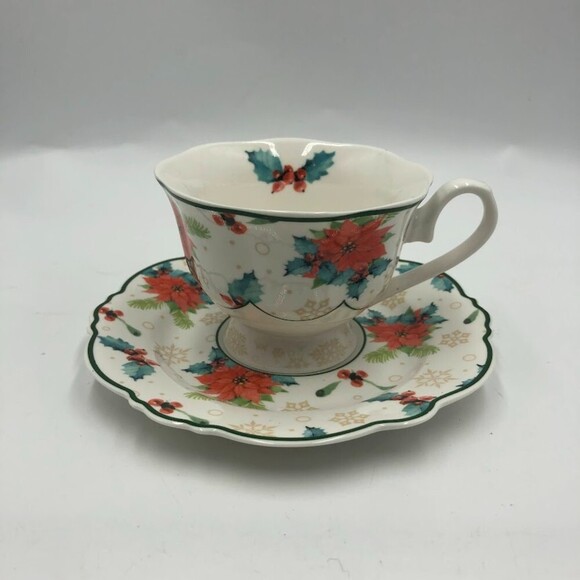 Eileen's Reserve New Anchor Inc Tea Cup and Saucer Set Poinsettia Floral Design - Picture 3 of 14